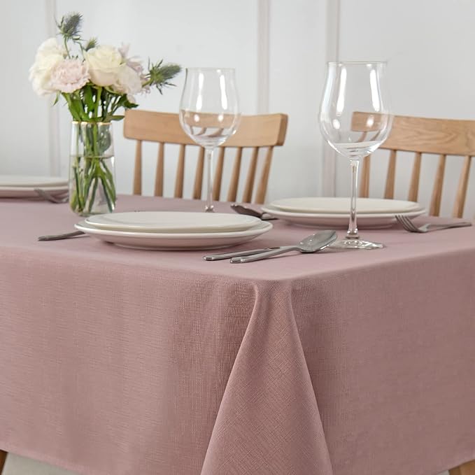maxmill Faux Linen Textured Rectangle Tablecloth Water Resistant Wrinkle Free Spill-Proof, Soft Table Cloth for Dining Room Decoration, Banquet Parties Event Holiday Dinner, 60 x 84 Inch Dusty Pink