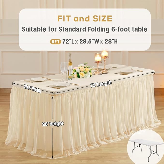 4 Pack 6ft Champagne Tulle Tablecloths for Rectangle Tables, 72 x 30 Inch Rectangular Table Cloth, Wrinkle Free Table Cover with Tutu Skirt for Wedding Birthday Party Banquet Buffet Decorations