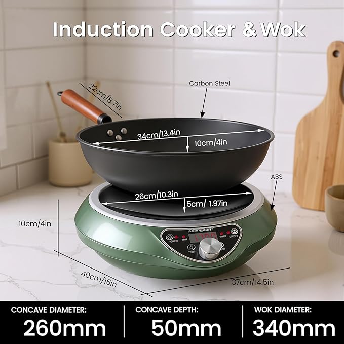 1700W 120V Wok Induction Cooktop,Non-Pulse Heating,16 Levels,18H Timer,13.4" Nitrided Carbon Steel Wok Set w/Lid&Steaming Rack,Round-Bottom Wok+ Flat Pan Compatible (<9"), Wok-Style Stir-Fry