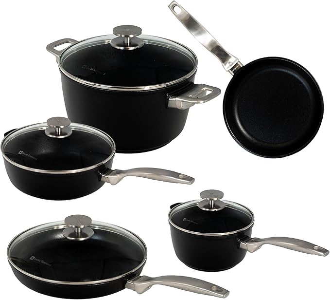Swiss Diamond Pots and Pans Set Non Stick, Nonstick Hybrid Ceramic and Diamond-Infused, Glass Lids, Dou Ceramic Cookware Set, Dishwasher & Oven Safe Up To 500 °F, 9 Pieces