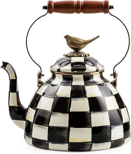 MACKENZIE-CHILDS Enamel Tea Kettle, Cute Kitchen Kettle for Stovetop, 3-Quart Capacity, Black-and-White Courtly Check with Bird Topper