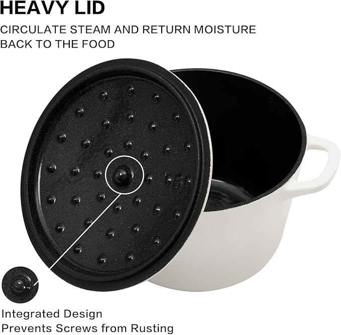 Dutch Oven Pot with Lid 2.8 qt Cast Iron Dutch Oven for Bread Baking White Enameled Cast Iron Rice Pot with Handels