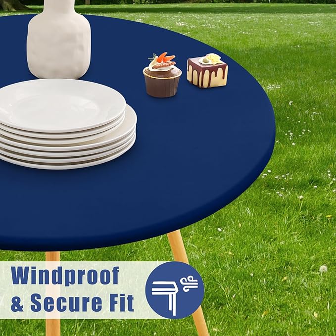 Round Spandex Tablecloth, Elastic Fitted Waterproof Tablecloths for 45"-56" Tables, Stretch Washable Picnic Table Cover for Camping, Dining, Indoor and Outdoor, Navy