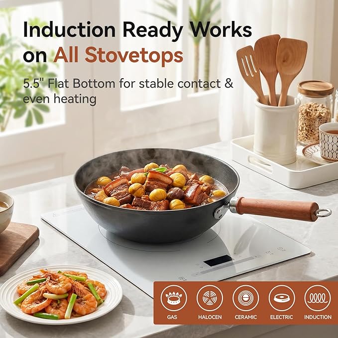 10.2 Inch Cast Iron Wok with Glass Lid, Pre-Seasoned Flat Bottom Wok for Stir-Fry & Saute, Uncoated Iron Wok Pan for Electric, Gas & Induction Cooktops