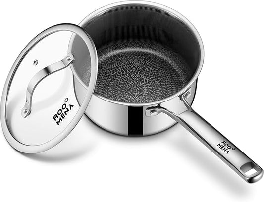 Nonstick Sauce Pan with Lid, Non-Toxic Tri-Ply Hybrid Ceramic Saucepan, 3.5 Quart Stainless Steel Pans, PFAS/PFOA/PTFE Free, Dishwasher & Oven Safe, Induction Compatible