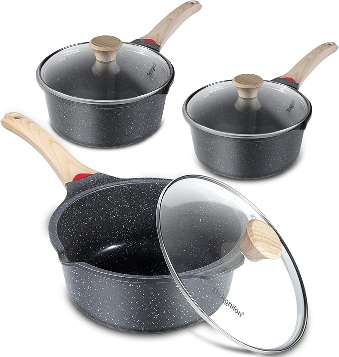 Ceramic Nonstick Saucepan Set 2QT,3QT and 4QT, Cast Aluminum Cooking Pots with Side Pour Spouts,Compatible with All Cooktops,Dishwasher Safe