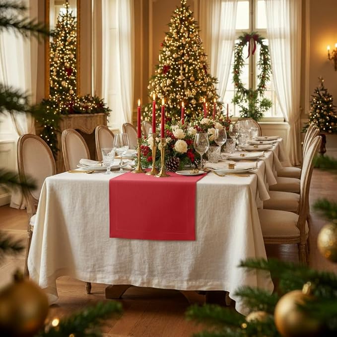 D'Moksha Homes Linen Bright Red Table Runner 84 Inches Long - 100% Pure Linen 14 x 84 Inch Table Runner for Dining, Valentines, Spring, Easter - Machine Washable