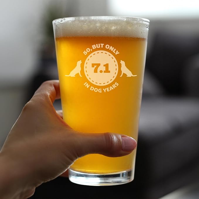 50th Birthday Dog Years - Pint Glass for Beer - Unique Funny Bday Gifts for Women and Men Turning 50 - Set of 2-16 oz Glasses