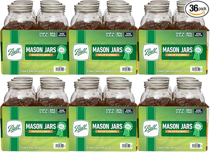 Ball Wide Mouth Glass Mason Jars with Lids and Bands, Used for Canning, Pickling, Juice, Jam, Jelly, Half Gallon Size 64 Ounce (Pack of 36)