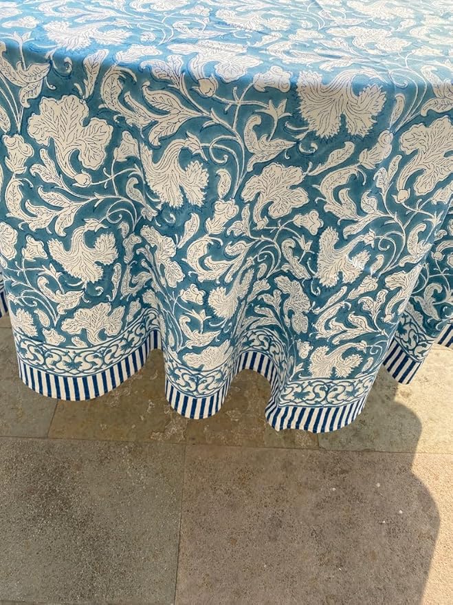 Ridhi Block Print Round Turkish Magic Blue Reusable Tablecloth 100% Cotton 60" Inch Decorative Table Cover eveyday Dining, Home, Party, Wedding, Farmhouse Gift for Spring, Easter, Valentine