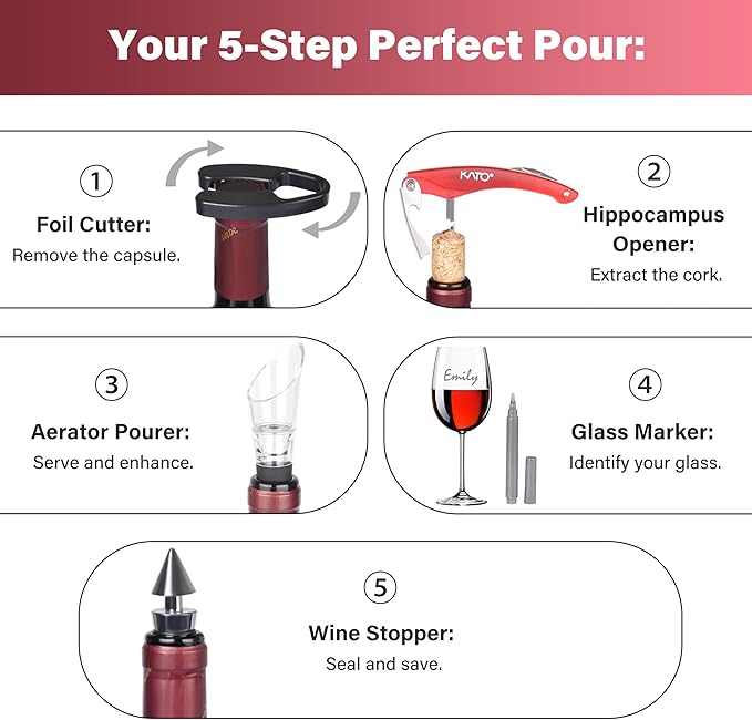 Wine Opener Accessories Gift Set - 5 Pcs Wine Bottle Corkscrew Screw pull Kit by Kato, Great Valentine's Gifts, Red
