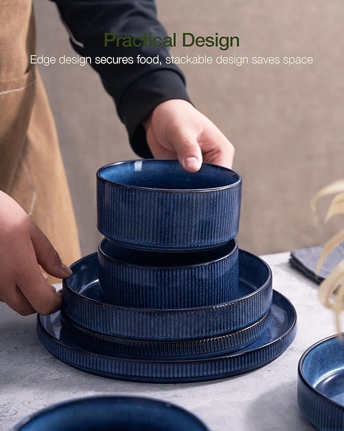 famiware Star Dinnerware Sets, Plates and Bowls Set for 4, 12 Pieces Ribbed Dishes - Chip and Scratch Resistant, Microwave and Dishwasher Safe Tableware, Nebulas Blue