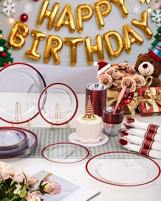 175PCS Plastic Clear & Red Plates for Party, Disposable Dinnerware Sets Suitable for 25 Guests,50 Plastic Plates, 25 Cups, 25 Pre-Rolled Napkins with Cutlery for Christmas, Wedding
