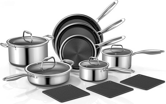 Yoehka 14-Piece Hybrid Stainless Steel Cookware Set, Non-Stick Pots and Pans Set with 3 Silicone Trivets | Induction Compatible Frying Pans, Saucepans, Saute Pan & Stock Pot | Oven Dishwasher Safe