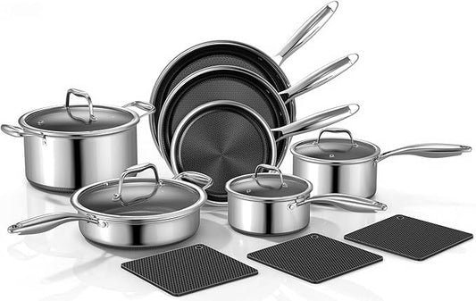 Yoehka 14-Piece Hybrid Stainless Steel Cookware Set, Non-Stick Pots and Pans Set with 3 Silicone Trivets | Induction Compatible Frying Pans, Saucepans, Saute Pan & Stock Pot | Oven Dishwasher Safe