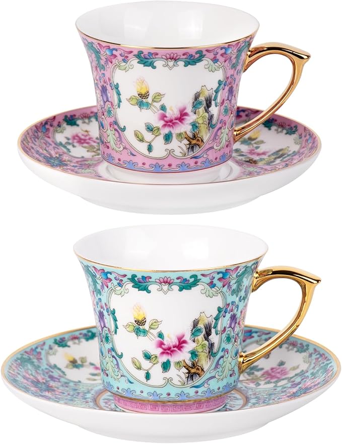 KAMMAK Tea Cups and Saucers Set of 2, Porcelain Coffee Cups with Saucer for Espresso, Cappuccino, 8oz Vintage Pink and Blue Ceramic Novelty Mug for Home, Tea Party, Office