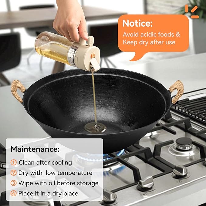 WANGYUANJI 13.4 Inch Cast Iron Wok with Wooden Lid and Stainless Steel Spatula, Flat Bottom Double-Handle Chinese Stir Fry Pan, Uncoated Cast Iron Wok for Induction, Gas and Electric Stoves