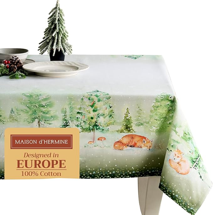 Maison d' Hermine Table Cloth Rectangle Table 100% Cotton 54 x 72 Inches Fall Tablecloth Reusable Everyday Use for Thanksgiving Christmas Decorations Dining Farmhouse Party (Winter Mornings)