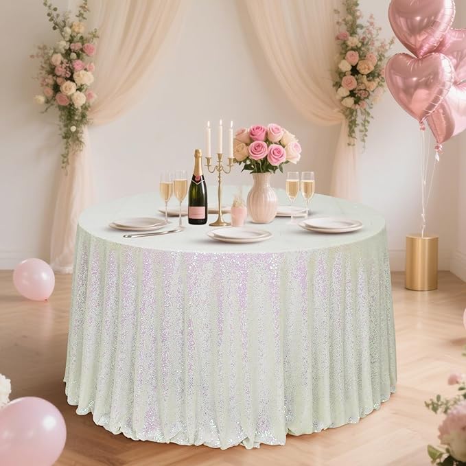 Eternal Beauty White Iridescent Tablecloth, 120 Inch Round Sequin Tablecloth for Party Cake Dessert Table Exhibition Events