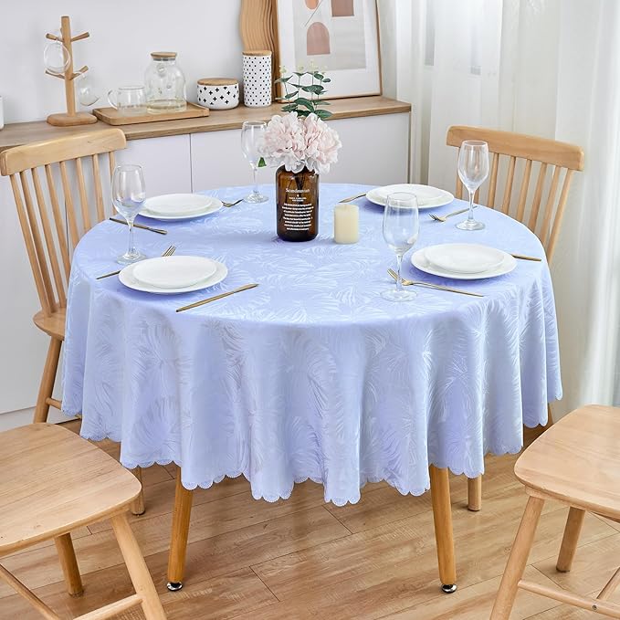 Round Tablecloth 80 Inch Fabric Table cloth Leaves Pattern Scalloped Edge Silky Soft Tablecloth Waterproof Wrinkle Resistant Washable Table Cover Dinning Party Banquet Decoration (Purple)