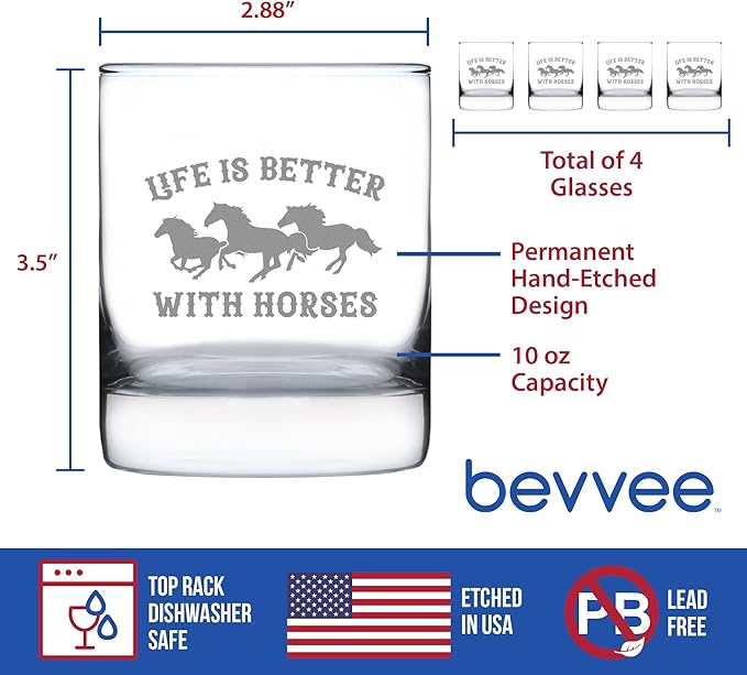 Life Is Better With Horses - Whiskey Rocks Glass Gifts - Funny Horse Gifts and Decor for Men & Women - Set of 4-10.25 Oz Glasses