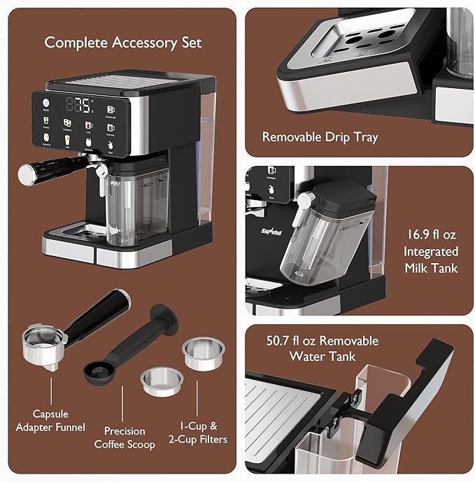 SUNVIVI Espresso Machine with Cold Brew, All-in-one Iced Coffee Maker with Automatic Milk Frother, LED Touchscreen, 51OZ Water Tank, Pressure Coffee Machine for Latte, Cappucinno, Self-clean, Black