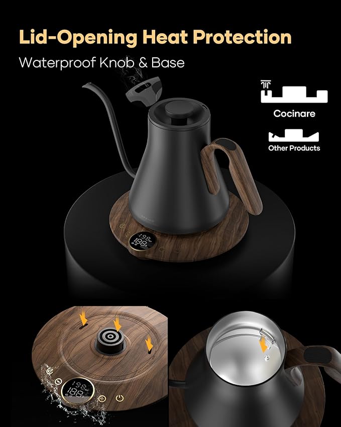 Cocinare FLOW B9 Gooseneck Electric Kettle, Precise Temperature Control for Pour-Over Coffee & Tea Brewing, Stainless Steel Interior, Rapid Heating for Boiling Water 0.9L (Obsidian Black)