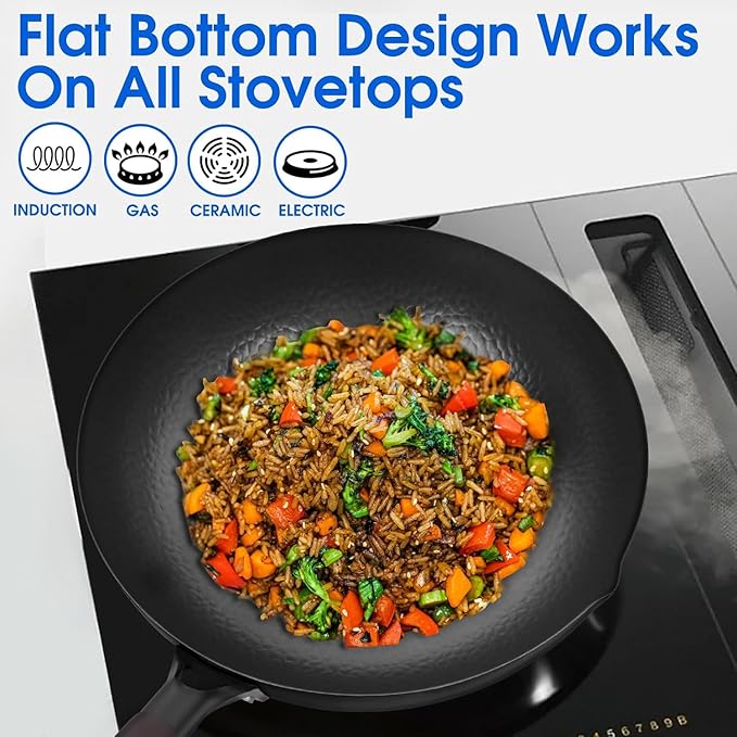 12.5 Inch Carbon Steel Wok For Electric, Induction and Gas Stoves (Lid, Spatula and User Guide Video Included)