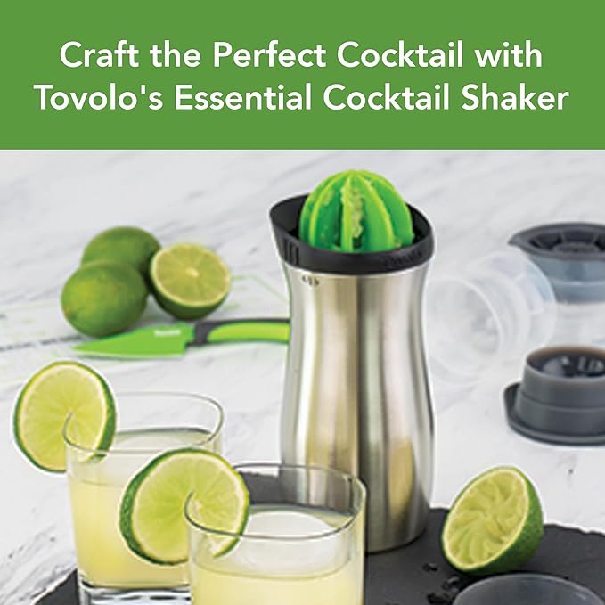 Tovolo Cocktail Shaker Stainless Steel (24 oz.) - Built-In Citrus Reamer, Strainer, & Jigger / Gadget for Bar Cart, Bartending, Home Bar, Mixology, Kitchen, & Gifting