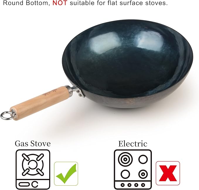 ZhenSanHuan Chinese Hand Hammered Iron Pow Woks and Stir Fry Pans Wooden Handle Round Bottom (30CM, Blue Black -Seasoned)