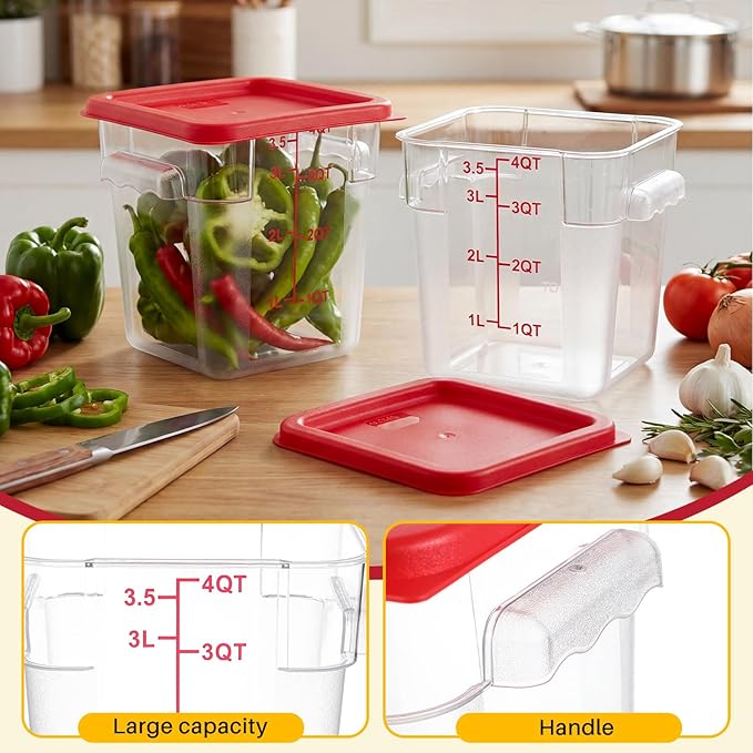 1 Pcs 4 Qt Square Food Storage Container with Lid, Clear Plastic Container with Lid and Scale in Green, Kitchen Organization Set for Home Kitchen, Restaurant Meal Prep (Red)