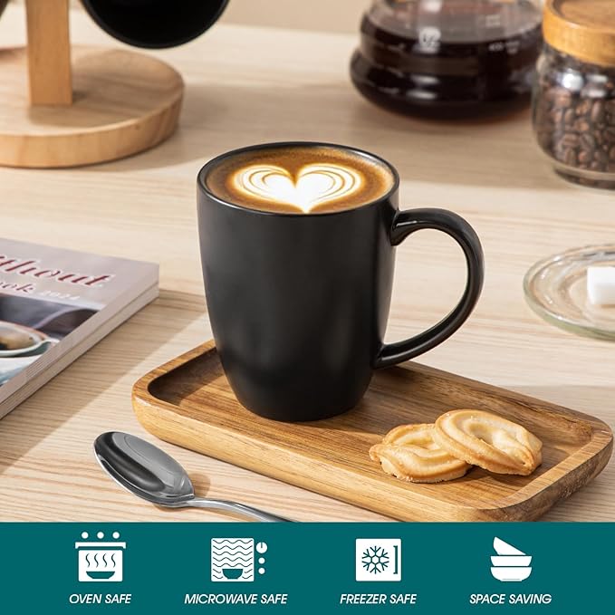 vancasso PLAYA Ceramic Coffee Mug Set of 6, 12 Oz Tea Cups with Handle for Latte, Tea, Cappuccino, Milk, Cocoa, Microwave&Dishwasher Safe, Black