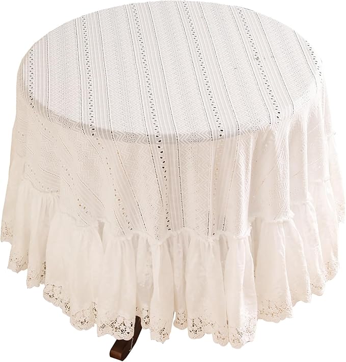 patdrea Vintage White Lace Tablecloth,Design Embroidered Cotton Ruffle Table Cloth for Round Table,Elegant Rustic Fabric Decorations for Wedding Party Thanksgiving Christmas Diameter 71"
