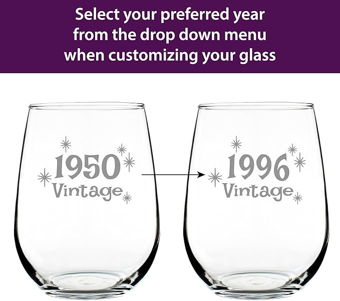 Bevvee Custom Vintage 1950 Stemless Wine Glass - Personalized Birthday Gifts for Women & Men - Bday Party Decor - Large 17 oz