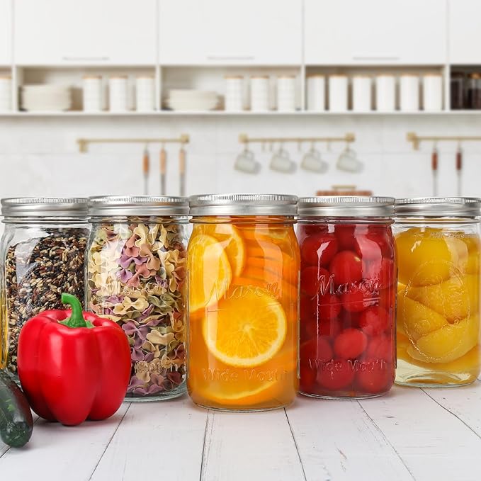 CycleMore 32oz Mason Jars, 6 Pack Large Glass Mason Jar with Metal Airtight Lids and Bands, Wide Mouth Glass Jars, 1 Quart Canning Jars for Pickling, Fermenting, Food Storage & DIY Projects