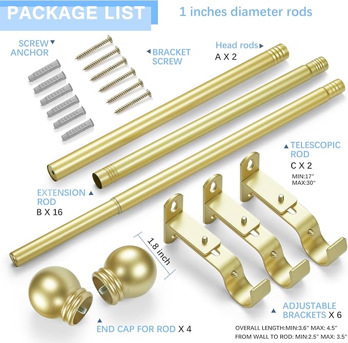 Curtain Rods for Windows 16 to 150 Inches, Curtain Rod Max Adjustable Length of 160 IN, 1" Diameter Drapery Rods Round Finials, Warm Gold, Pack of 2
