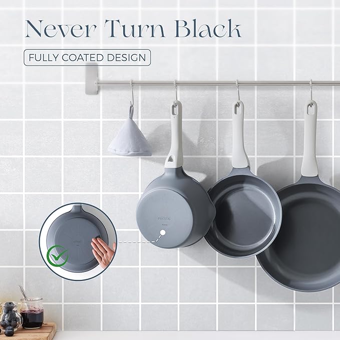 PRICUSIS 8Pcs Nonstick Ceramic Frying Pan Set with Lid, 8+10+12 Inch Induction Compatible, Stay Cool Handle, Fully Coated, 100% Dishwasher Safe, PTFE PFAS & PFOA Free Omelet Pans (Blueberry Gray