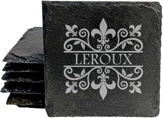 A Touch of Class: Personalized Fleur de Lis Coasters with Monogram - Square Slate - Set of 6