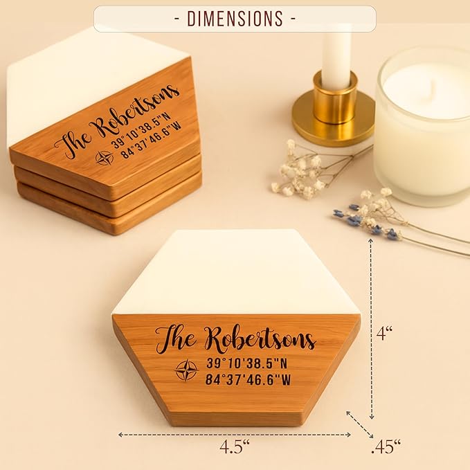 Personalized Wooden Coasters – Handmade Drink Coaster, Custom Wedding, Anniversary, Engagement, Housewarming, New Home, Newlywed, Bridal Shower Gift for Couple, Valentines Day Gifts for Her, Him