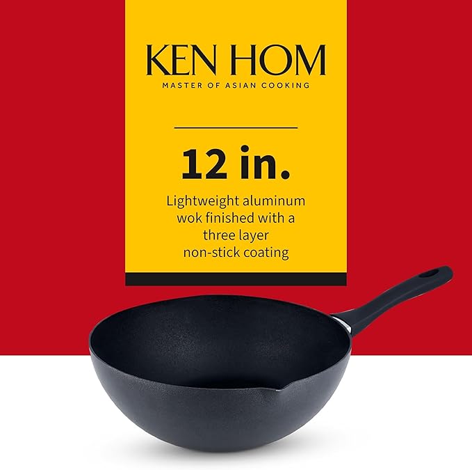 Ken Hom Stir Fry Wok 12" Aluminum Nonstick Pan with Soft Touch Handle and Flat Bottom, Black