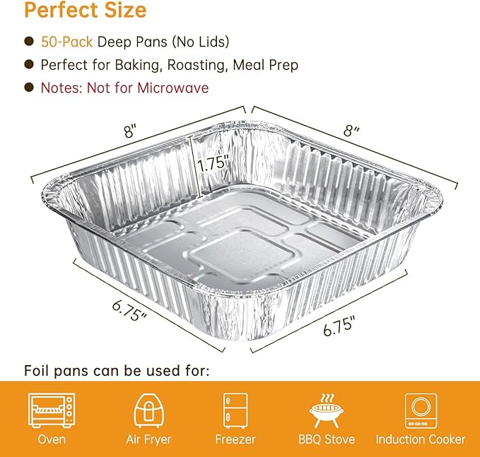 Aluminum Pans 8x8-50 Pack Disposable Baking Pans, 8 Inch Square Tin Foil Pans, Aluminum Roasting Trays for Holiday Cooking, Heating and Baking, Christmas, Parties Meal Prep & Storage