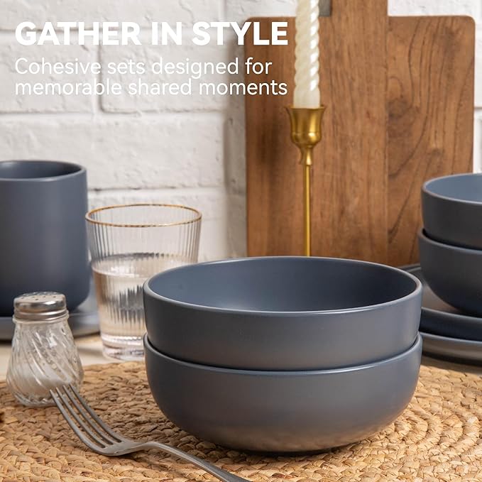 12-Piece Stoneware Dinnerware Set with Mugs | Microwave and Dishwasher Friendly | Stackable Matte Glaze Plates & Bowls | Service for 3 (Blue for 3)