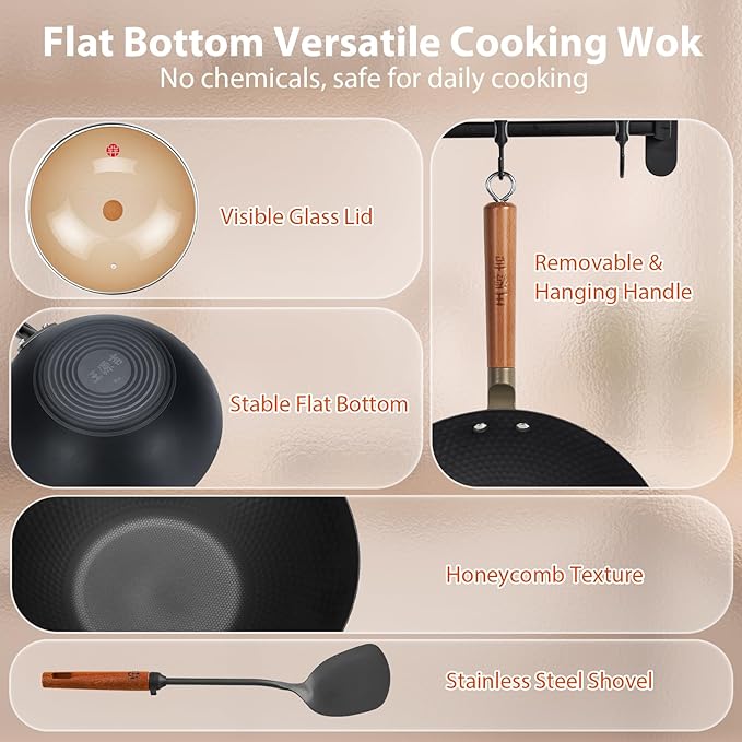 WANGYUANJI 12.6 Inch Carbon Steel Wok with Lid and Metal Spatula, Flat Bottom Uncoated Lightweight Wok Pan with Wooden Handle for Stir-Fry, Gas, Electric and Induction
