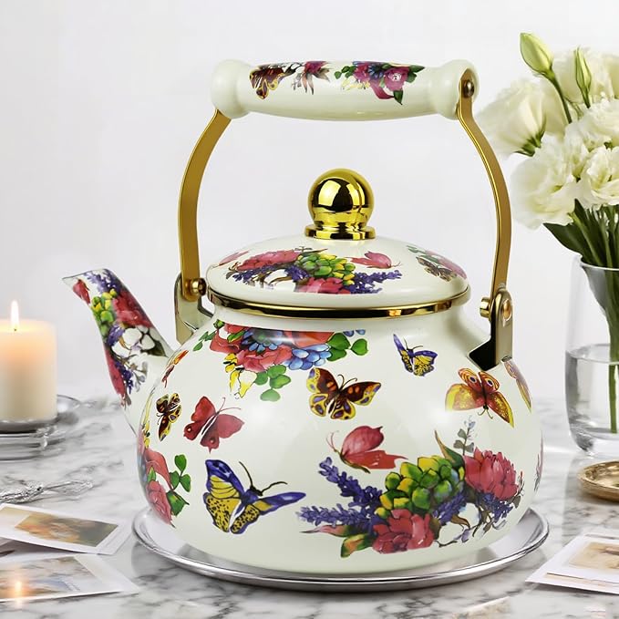 2.5L Vintage Enamel Tea Kettle, Butterfly Floral Stovetop Teapot with Porcelain Handle, Enamel Kettle for Home/Camping/Tea Party, Ideal Christmas/Housewarming Gift