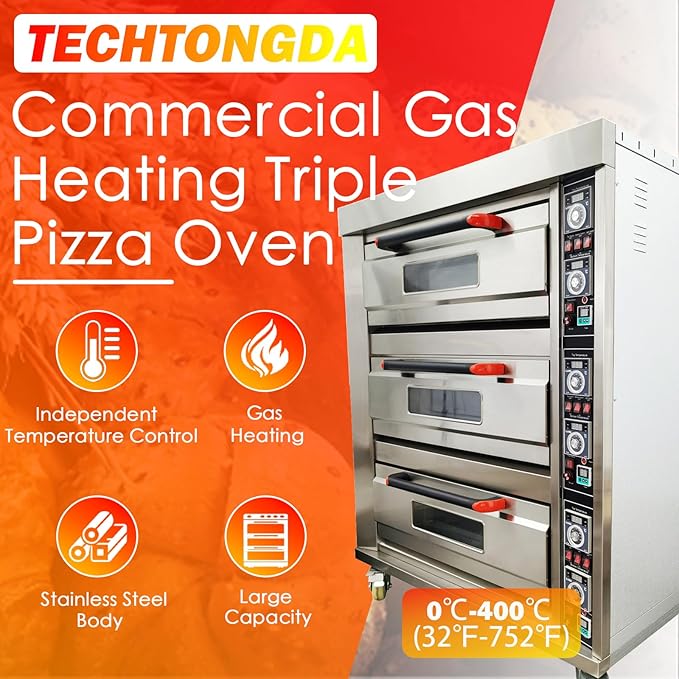 TECHTONGDA Commercial Pizza Oven Gas Heating Triple Deck Pizza Oven Stainless Steel Bread Baking Machine 6 Baking Sheets 110V for Restaurant Kitchen Bakery