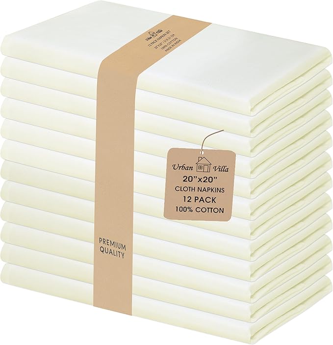 Urban Villa Dinner Napkins Ivory Cloth Napkins Set of 12 DinnerNapkins 20X20 in Cotton Dinner Napkins Everyday Use Oversized Cloth Napkins with Mitered Corners 1 in Hemmed DinnerNapkins