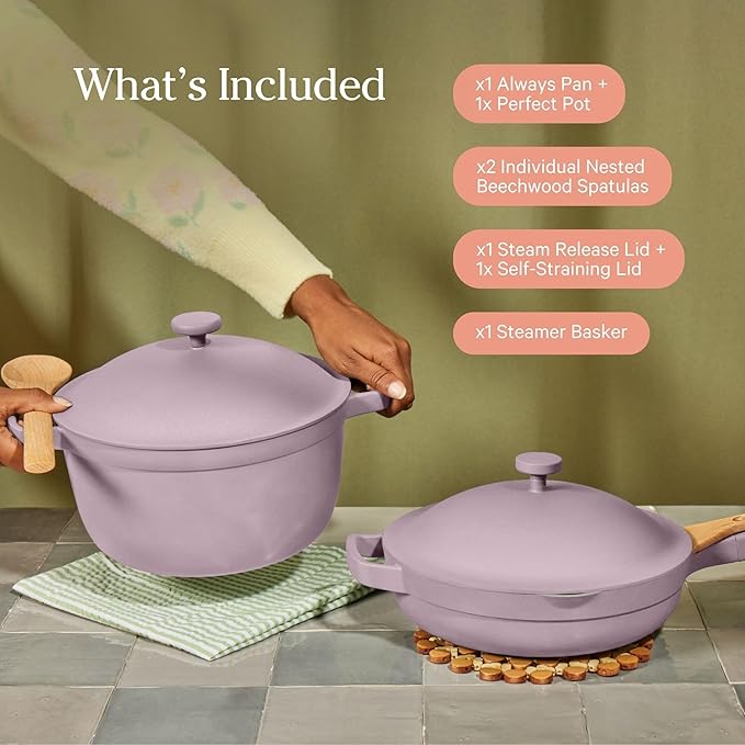 Our Place Cookware Duo | 7-Piece Ceramic Cookware Set with 10.5" Always Pan 2.0, 5.5 Qt Perfect Pot & Strainer Basket | Induction & Oven Safe up to 450°F | Nonstick, Non-Toxic Cookware | Sage