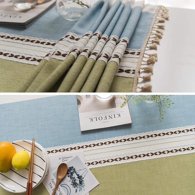 Pahajim Striped Tablecloth Rectangle with Tassels Thick Linen Cotton Table Cloth for Outdoor Picnic Dining and Holiday Kitchen Decor Rectangle/Oblong,55''x102'', 8-10 Seats