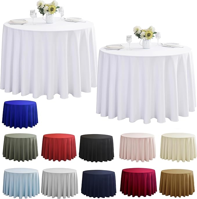 2-Pack Round 90-inch White Table Cloths, Solid Stain and Wrinkle Resistant Circular Tablecloth, Premium Plain Weave Polyester Fabric Table Linen Covers for Hotel, Banquet