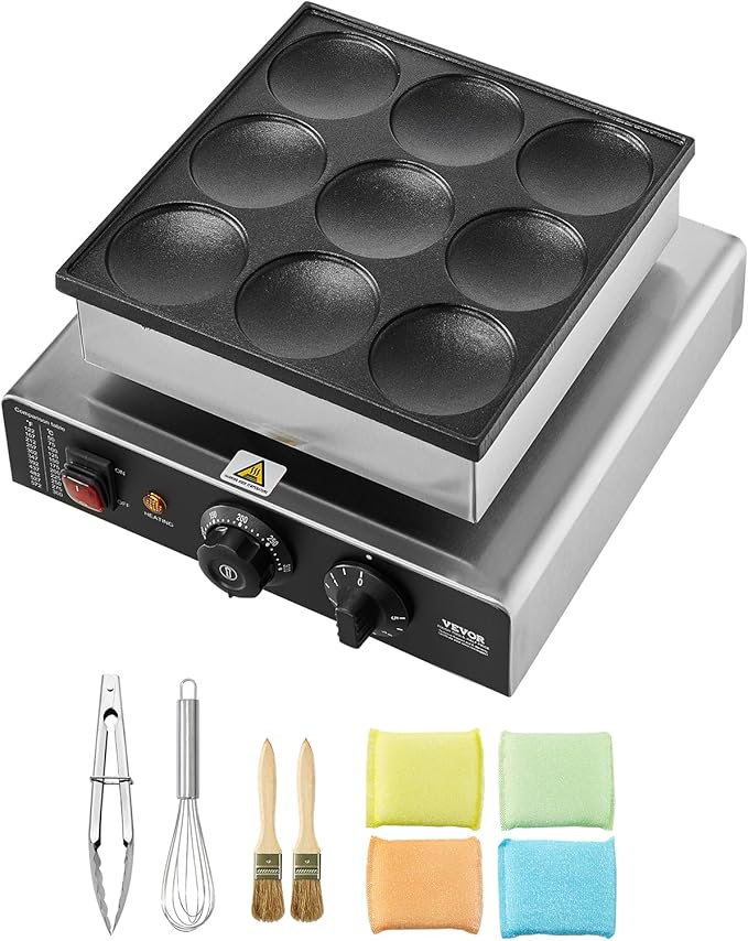 VEVOR Dutch Pancake Maker, 9PCS 76mm Diameter Dorayaki Baker Machine, 850W Commercial Electric Poffertjes Grill, Non-stick Stainless Steel, Temp & Time Control, for Home Kitchen Restaurant Snack Bar
